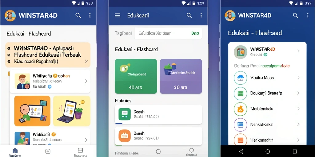 Antarmuka aplikasi WINSTAR4D dengan fitur flashcard yang menarik.